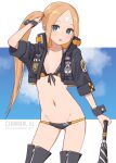  1girl abigail_williams_(fate) abigail_williams_(traveling_outfit)_(fate) absurdres adapted_costume bandaid bandaid_on_forehead bangs bikini black_bikini black_jacket blonde_hair blue_eyes blue_sky breasts character_name collarbone cropped_jacket crossed_bandaids fate/grand_order fate_(series) forehead high_collar highres jacket kopaka_(karda_nui) long_hair open_clothes open_jacket open_mouth orange_belt parted_bangs side_ponytail sky small_breasts solo swimsuit thighs umbrella wrist_cuffs 