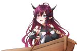  1girl absurdres black_legwear blue_eyes heterochromia highres holding holding_oar hololive hololive_english horns irys_(hololive) jan_azure long_hair looking_away oar parted_lips pointy_ears purple_eyes red_hair rowboat sitting solo thighhighs transparent_background virtual_youtuber 