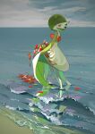  absurdres bob_cut clothes_lift cloud day dress dress_lift dropping flower gardevoir green_hair highres lifted_by_self looking_back outdoors petals pokemon pokemon_(creature) red_eyes red_flower reflection sand shore short_hair sky solo standing two_pokemon water 