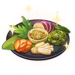  artist_request bowl carrot commentary english_commentary food food_focus genshin_impact leaf lowres no_humans official_art plate radish sparkle still_life third-party_source transparent_background vegetable 