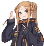  1girl abigail_williams_(fate) abigail_williams_(swimsuit_foreigner)_(fate) abigail_williams_(traveling_outfit)_(fate) absurdres bandaid bandaid_on_forehead bangs black_jacket blonde_hair blue_eyes blush breasts crossed_bandaids fate/grand_order fate_(series) forehead grin high_collar highres jacket kopaka_(karda_nui) long_hair long_sleeves looking_at_viewer orange_belt parted_bangs sidelocks small_breasts smile solo twintails very_long_hair 