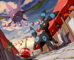  alternate_color candy_apple cloud colored_sclera crobat day food from_below highres market_stall mouth_hold no_humans octillery outdoors petilil pokemon pokemon_(creature) red_eyes shiny_pokemon sky stone_floor teeth two_pokemon umbreon yamask yellow_sclera 