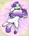  2020 anthro arm_tuft bedding bedding_background canid canine chest_tuft collar diamond_dog_(mlp) drjavi eyeshadow female floppy_ears friendship_is_magic fur genitals high-angle_view lying makeup mammal multicolored_body multicolored_fur my_little_pony navel on_back pawpads purple_body purple_fur purple_pawpads purple_pussy pussy semi-anthro solo teal_sclera tuft two_tone_body two_tone_fur watermark white_body white_fur 