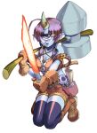  1girl breasts holding holding_sword holding_weapon horns kenkou_cross kneeling looking_at_viewer monster_girl one-eyed short_hair solo sword weapon 
