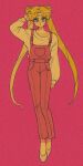  1girl arm_behind_head bishoujo_senshi_sailor_moon blonde_hair blue_eyes commentary_request double_bun earrings film_grain full_body jewelry long_hair long_sleeves looking_at_viewer overalls pikurusu shoes solo tsukino_usagi twintails very_long_hair 