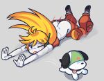  average-hanzo blonde_hair blush butt canid canine canis cave_story clothing curly_brace domestic_dog duo falling female hair humanoid lying machine mammal not_furry on_front one_eye_closed robot robot_humanoid simple_background solo underwear underwear_on_head video_games white_body white_skin 