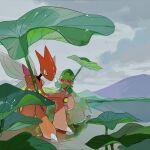  cloud cloudy_sky day fomantis highres holding holding_leaf leaf mountain no_humans outdoors pokemon pokemon_(creature) reflection scizor sitting sky two_pokemon water water_drop wet yellow_eyes 
