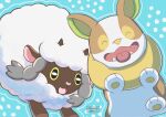  :d ^_^ animal_focus blue_background closed_eyes commentary_request fangs no_humans open_mouth orange_(orangelv20) pokemon pokemon_(creature) smile tongue tongue_out wooloo yamper 