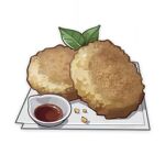  artist_request bowl commentary english_commentary food food_focus genshin_impact hash_browns jam leaf lowres muted_color napkin no_humans official_art still_life third-party_source transparent_background 