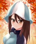  1girl absurdres autumn autumn_leaves backlighting bangs blue_headwear blue_jacket blurry blurry_background brown_eyes brown_hair closed_mouth commentary day depth_of_field girls_und_panzer hat highres jacket keizoku_military_uniform kurokimono001 long_hair looking_at_viewer mika_(girls_und_panzer) military military_uniform outdoors portrait raglan_sleeves smile solo track_jacket tulip_hat uniform zipper 