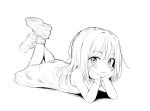  1girl blush child closed_mouth full_body greyscale hands_on_own_cheeks hands_on_own_face healthyman highres legs_up looking_at_viewer lying monochrome on_stomach original shadow shoe_soles shoes simple_background solo white_background 