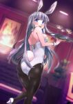  1girl absurdres animal_ears ass bare_shoulders blue_eyes blush breasts dutch_angle highres leotard long_hair looking_at_viewer medium_breasts mishido_sun open_mouth original pantyhose playboy_bunny rabbit_ears rabbit_tail shoulder_blades sideboob silver_hair solo standing standing_on_one_leg tail tray white_footwear white_leotard 