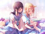  2girls animal bangs blonde_hair blue_hair blue_neckerchief blue_sailor_collar blue_skirt blurry blurry_background blush cat closed_mouth expressionless green_eyes hair_ribbon hand_up hibike!_euphonium kitauji_high_school_uniform kuziaaizuk liz_to_aoi_tori long_hair looking_at_another looking_down multiple_girls neckerchief open_mouth pleated_skirt red_eyes ribbon sailor_collar school_uniform serafuku shirt short_sleeves sitting skirt smile white_cat white_shirt yellow_ribbon yoroizuka_mizore yoshikawa_yuuko 