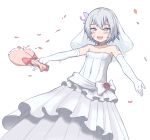  1girl :d blush bouquet bow bridal_veil dress elbow_gloves fate/grand_order fate_(series) flower gloves grey_choker grey_hair hair_bow holding holding_bouquet jack_the_ripper jalm looking_at_viewer medium_hair open_mouth outstretched_arms pink_flower pink_rose purple_bow red_bow rose scar scar_across_eye smile solo spread_arms veil wedding_dress white_bow white_dress white_gloves 