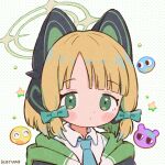  1girl animal_ear_headphones animal_ears bangs black_jacket blonde_hair blue_archive blue_bow blue_necktie blush_stickers bow closed_mouth collared_shirt eyebrows_visible_through_hair fake_animal_ears green_eyes hair_bow halo hood hood_down hooded_jacket jacket koru_koruno looking_at_viewer midori_(blue_archive) necktie open_clothes open_jacket polka_dot polka_dot_background shirt signature solo star_(symbol) upper_body white_background white_shirt 