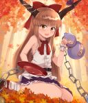  1girl absurdres alcohol autumn autumn_leaves backlighting bangs belt black_belt black_footwear black_horns blouse blunt_bangs blurry blurry_background bow chain commentary cuffs cup day depth_of_field eyebrows_visible_through_hair fang frilled_cuffs gourd hair_bow highres holding holding_cup horn_ornament horn_ribbon horns ibuki_suika kurokimono001 long_hair looking_at_viewer mary_janes medium_skirt neck_ribbon open_mouth orange_eyes orange_hair outdoors purple_skirt raised_eyebrow red_bow red_ribbon ribbon ribbon-trimmed_skirt ribbon_trim sakazuki sake shackles shoes sitting skin_fang skirt sleeveless_blouse smile socks solo sunlight torn_clothes torn_sleeves touhou tree wariza white_blouse white_legwear 