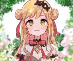  1girl bangs black_flower blurry blurry_foreground blush bow breasts cleavage detached_sleeves double_bun eyebrows_visible_through_hair flower hair_flower hair_ornament highres looking_at_viewer mole mole_under_eye nijisanji nijisanji_kr plant portrait red_bow san_sami seffyna smile solo virtual_youtuber 