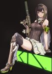  1girl absurdres assault_rifle bangs black_gloves black_legwear black_shorts blush boots breasts brown_eyes brown_footwear brown_hair brown_sweater_vest closed_mouth clothes_around_waist cup eyebrows_visible_through_hair full_body girls&#039;_frontline gloves gun headphones headset high_heel_boots high_heels highres holding holding_cup jacket jacket_around_waist knee_boots lips lithographica long_hair looking_at_viewer m4_carbine m4a1_(girls&#039;_frontline) medium_breasts multicolored_hair rifle scarf shorts simple_background sitting solo sweater_vest thighhighs walkie-talkie weapon white_jacket white_scarf 