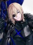  1boy armor bangs black_eyepatch blonde_hair blue_cape blue_eyes breastplate cape closed_mouth danhu dimitri_alexandre_blaiddyd eyepatch fire_emblem fire_emblem:_three_houses gauntlets hair_between_eyes holding holding_polearm holding_weapon looking_at_viewer male_focus medium_hair one_eye_covered polearm simple_background smile solo upper_body weapon white_background 