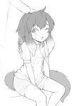  1girl ahoge blush braid greyscale headpat jalm kikimora_(monster_girl_encyclopedia) monochrome monster_girl_encyclopedia parted_lips puffy_short_sleeves puffy_sleeves shirt short_sleeves shorts solo_focus tail 