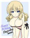  1girl alternate_hairstyle bangs bikini birthday blue_background border breasts character_name cleavage closed_mouth commentary darjeeling_(girls_und_panzer) dated english_text eyebrows_visible_through_hair girls_und_panzer hair_down half-closed_eyes hands_on_own_knees happy_birthday highres ichinose_jun large_breasts leaning_forward long_hair looking_at_viewer o-ring o-ring_bikini outside_border side-tie_bikini skindentation smile solo standing strapless strapless_bikini swimsuit white_border 