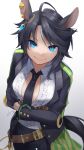  1girl absurdres animal_ears arm_behind_back bangs belt black_gloves black_hair black_jacket black_legwear black_necktie blue_eyes bowing breasts center_frills closed_mouth collared_shirt commentary_request cowboy_shot frills fuji_kiseki_(umamusume) glint gloves gradient gradient_background grey_background half_gloves highres horse_ears horse_girl horse_tail isobee jacket looking_at_viewer medium_breasts medium_hair necktie open_clothes open_shirt parted_bangs partial_commentary shirt signature smile solo tail umamusume 