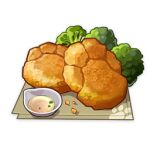  artist_request bowl broccoli commentary english_commentary food food_focus genshin_impact hash_browns lowres napkin no_humans official_art paw_print sauce still_life third-party_source transparent_background 