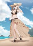 1girl absurdres alternate_costume bare_legs beach bikini black_bikini blonde_hair blue_eyes breasts cleavage cosplay crossover dhokidoki fire_emblem fire_emblem:_three_houses fire_emblem_heroes full_body hat highres large_breasts looking_at_viewer mercedes_von_martritz mercedes_von_martritz_(cosplay) nail_polish ocean persona persona_5 sand sarong see-through sky solo straw_hat sun_hat swimsuit takamaki_anne toes twintails 