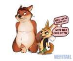  2022 anthro balls belly bottomwear canid canine clothing disney duo english_text erection finnick fox genitals gideon_grey male male/male mammal nefitail penis shorts simple_background slightly_chubby text white_background zootopia 