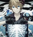  1boy bangs black_gloves blue_eyes bone earrings genshin_impact gloves hair_between_eyes holding jacket jewelry long_hair long_sleeves male_focus mask mask_on_head miryoryo9 orange_hair otome_dissection_(vocaloid) short_hair simple_background single_earring tartaglia_(genshin_impact) x-ray 