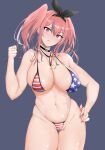  1girl american_flag_bikini azur_lane between_breasts bikini breasts bremerton_(azur_lane) cameltoe choker cleavage clenched_hand covered_nipples ear_piercing flag_print hairband hand_on_hip large_breasts looking_at_viewer mole mole_on_breast navel piercing pink_eyes pink_hair purple_background ranhatu red_eyes skindentation swimsuit thighs thong_bikini tongue tongue_out twintails 