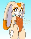  absurd_res anthro blue_background breasts camel_toe clothing cream_the_rabbit dialogue english_text female gloves gradient_background handwear hi_res lagomorph leporid looking_at_viewer mammal navel_outline nipple_outline one-piece_swimsuit orange_clothing orange_swimwear rabbit sega shinymagpie simple_background small_breasts solo sonic_the_hedgehog_(series) standing swimwear text thick_thighs white_clothing white_gloves white_handwear wide_hips 