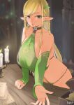  1girl bare_shoulders blonde_hair boca breasts candle candlestand detached_sleeves earrings elf green_eyes highres jewelry large_breasts long_hair looking_at_viewer navel original pointy_ears potion revealing_clothes smile solo 