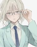  1girl adjusting_clothes an-94_(girls&#039;_frontline) aqua_jacket blonde_hair blue_neckwear breast_pocket dm_owr girls&#039;_frontline green_eyes highres jacket looking_at_viewer over-rim_eyewear pocket semi-rimless_eyewear shirt short_hair solo upper_body white_shirt 