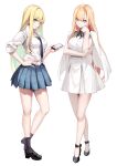  2girls black_footwear blonde_hair blue_eyes blue_necktie blue_skirt breasts cellphone closed_mouth cosplay dress dual_persona earrings eyebrows_visible_through_hair full_body hand_on_hip highres holding holding_phone jewelry kitagawa_marin legs long_hair looking_at_viewer medium_breasts multiple_girls necktie orange_hair phone plaid plaid_skirt pleated_skirt shirt simple_background skirt sleeveless sleeveless_dress smile socks sono_bisque_doll_wa_koi_wo_suru spider_apple standing tied_shirt white_background white_dress white_shirt 