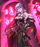  1girl bare_shoulders black_gloves black_legwear box_(hotpppink) breasts cigarette cleavage fingerless_gloves gloves gun hair_between_eyes holding holding_gun holding_weapon jewelry long_hair looking_at_viewer necklace nun original pantyhose parted_lips purple_eyes purple_hair solo veil weapon 
