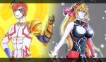  1boy 1girl ahoge angelica_ainsworth archer_(fate) archer_(fate)_(cosplay) armor blonde_hair blue_eyes bracelet breasts center_frills colored_pencil_(medium) colored_skin cosplay emiya_shirou emiya_shirou_(prisma_illya) eyebrows_visible_through_hair fate/kaleid_liner_prisma_illya fate/stay_night fate_(series) frills gate_of_babylon_(fate) gauntlets gilgamesh_(fate) gilgamesh_(fate)_(cosplay) gold_armor hair_between_eyes holding holding_ribbon igote jewelry kanshou_&amp;_bakuya_(fate) large_breasts long_hair long_sleeves mtrsmtrs multicolored_hair multicolored_skin navel necklace ribbon short_hair sword tattoo toned traditional_media two-tone_skin very_long_hair weapon white_hair 