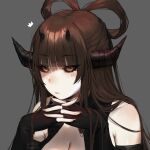  1girl ^^^ artificial_world black_gloves black_sclera blush breasts brown_eyes brown_hair brown_nails cleavage closed_mouth colored_sclera elbow_gloves fingernails gloves grey_background hair_rings horns interlocked_fingers looking_at_viewer multiple_horns nail_polish own_hands_together shukumei_(terupancake) simple_background solo terupancake twitter_username 