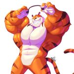  2022 abs anthro biceps big_muscles biscotte_(keke) felid fur headphones hi_res holding_headphones holding_object huge_muscles male mammal muscular muscular_anthro muscular_male nude obliques one_eye_closed pantherine pecs signature simple_background smile solo standing stripes teeth tiger top_heavy tuft white_background wink yongdasom 