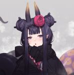  1girl blush double_bun highres hololive horns japanese_clothes kimono looking_at_viewer mole mole_under_eye ninomae_ina&#039;nis official_alternate_costume parted_lips pointy_ears purple_eyes purple_hair solo tentacles terupancake upper_body 