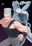  1boy abs absurdres blue_eyes earrings flattop grey_hair highres jean_pierre_polnareff jewelry jojo_no_kimyou_na_bouken linkget5501 male_focus pectorals pointing silver_chariot smile stand_(jojo) stardust_crusaders 