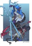  1girl absurdres ahoge artist_name bangs black_bow blue_hair border bow breasts cleavage collarbone dress drill_hair ffforceee frilled_dress frills gloves grass grey_dress gwen_(league_of_legends) hair_bow high_heels highres holding holding_scissors holding_scythe kayn_(league_of_legends) large_breasts league_of_legends long_hair lying on_back open_mouth oversized_object puffy_short_sleeves puffy_sleeves purple_gloves scissors scythe short_sleeves smile standing_on_person teeth topless_male twin_drills upper_teeth white_border wrist_bow 