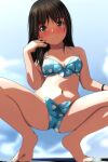  1girl absurdres bangs bare_legs barefoot bikini black_hair blue_bikini blush bow bow_bikini bracelet breasts brown_eyes cloud collarbone eyebrows_visible_through_hair full_body highres jewelry long_hair looking_at_viewer matsunaga_kouyou navel nose_blush original outdoors polka_dot polka_dot_bikini sky small_breasts smile solo split_mouth spread_legs squatting swimsuit 