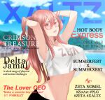  1girl breasts cover crop_top fake_magazine_cover highres looking_at_viewer looking_to_the_side magazine_cover midriff navel pale_skin phriezt polygon_project red_eyes red_hair solo virtual_youtuber xzeta 