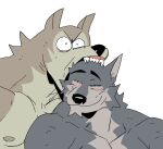  anthro anthro_on_anthro ash_(st4rsbucks) biped bite blush brown_body brown_fur canid canine canis dirt_(st4rsbucks) duo eyebrows fangs fur grey_body grey_fur hi_res male male/male mammal multicolored_body multicolored_fur muscular muscular_anthro muscular_male nipples open_mouth pecs simple_background smile st4rsbucks teeth two_tone_body two_tone_fur wolf 