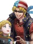  2boys american_flag black_jacket blonde_hair blue_eyes bracelet child controller facial_hair fingernails freckles game_console game_controller hatano_kiyoshi highres holding holding_controller holding_game_controller jacket jewelry keith_howard light_blue_eyes looking_at_another male_focus multiple_boys nintendo_switch open_clothes open_jacket open_mouth pointing simple_background sketch smile spiked_hair star_(symbol) star_print stubble sunglasses teeth tongue white_background yu-gi-oh! zipper 