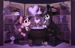  absurdres animal_ears black_clothes black_dress book cat cat_ears cat_tail cauldron chlomaki dress furry gaturo_(twitter) grass hat heart highres open_mouth original pig pig_ears pig_tail plant potion shelf tail wadanohara witch witch_hat 