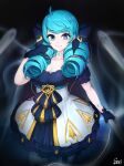  1girl ahoge artist_name bangs black_background black_bow black_dress black_gloves blue_eyes blue_hair bow breasts cleavage collarbone commentary_request detached_sleeves dress drill_hair gloves green_eyes green_hair grey_dress gwen_(league_of_legends) hair_bow hand_up highres holding large_breasts league_of_legends long_hair looking_at_viewer needle oversized_object pantyhose parted_lips puffy_short_sleeves puffy_sleeves sewing_needle shiny shiny_hair short_sleeves smile solo strapless strapless_dress striped striped_legwear teeth twin_drills wenbeo_(dldmsthf4321) 