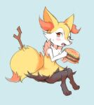  1girl blue_background blush braixen burger commentary english_commentary food holding holding_food invisible_chair jalm looking_at_viewer orange_eyes parted_lips pokemon pokemon_(creature) simple_background sitting solo wide-eyed 