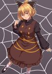  1girl blonde_hair bow brown_dress clenched_hand dress foot_out_of_frame from_above grey_background hair_bow head_tilt highres juliet_sleeves kakone kurodani_yamame long_sleeves outline parted_lips puffy_sleeves red_eyes short_hair silk simple_background solo spider_web standing touhou white_outline 